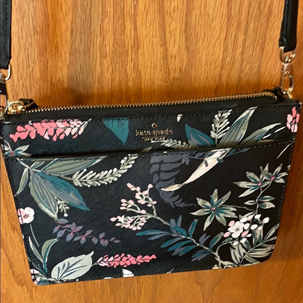 Kate Spade Black and Pink Crossbody Bag with Botanical Floral Design